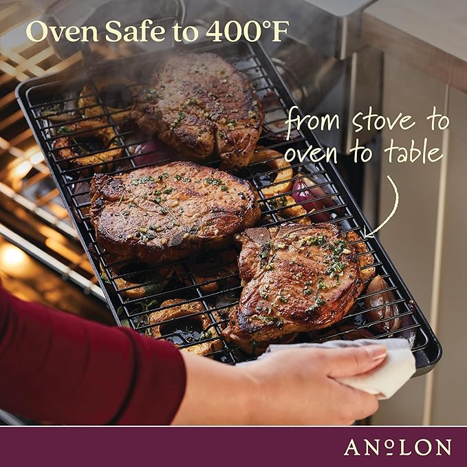 Anolon Advanced Home Hard Anodized Nonstick Double Burner Griddle with Roasting Rack, 10 Inch x 18 Inch, Moonstone