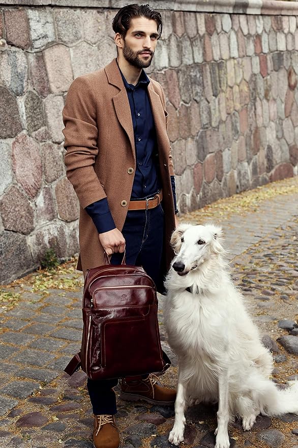 Time Resistance Leather Business Backpack - Laptop and A4 Portfolio Bag - Travel Bag Rucksack (Brown)
