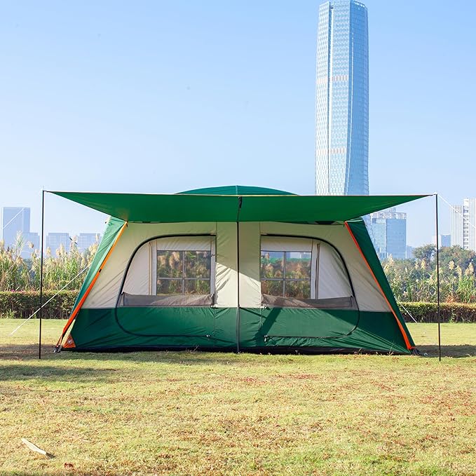KTT Large Family Cabin Tent 10-12 Person,14.1X10X6.58ft,2 Rooms,3 Storage Pockets,2 Bay-Windows 3 Doors and 3 Windows with Mesh,Straight Wall,Waterproof,Double Layer,Big Tent for Outdoor,Camping