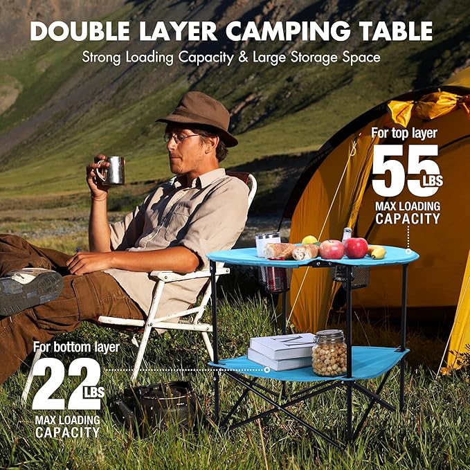 VILLEY Folding Camping Table, Lightweight Double-Layer Round Table with 4 Cup Holders and Carry Bag, Portable Beach Table for Camp, Travel, Fishing, Outdoor Activities, Blue