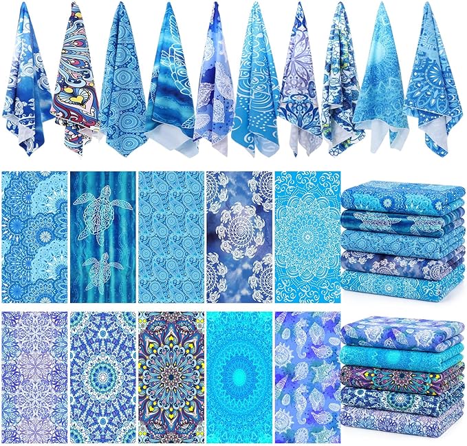EBOOT 10 Pack Oversized Beach Towel Set Extra Large Pool Towels Microfiber Quick Dry Swim Blanket for Adult Women Men Face Hand Body Bath Travel Pool(Ocean Blue,36 x 72 Inch,Boho Ocean Style)