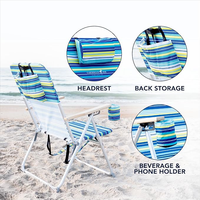 Caribbean Joe Folding Beach Chair, 4 Position Portable Backpack Foldable Camping Chair with Headrest, Cup Holder, and Wooden Armrests, 300 lb Capacity