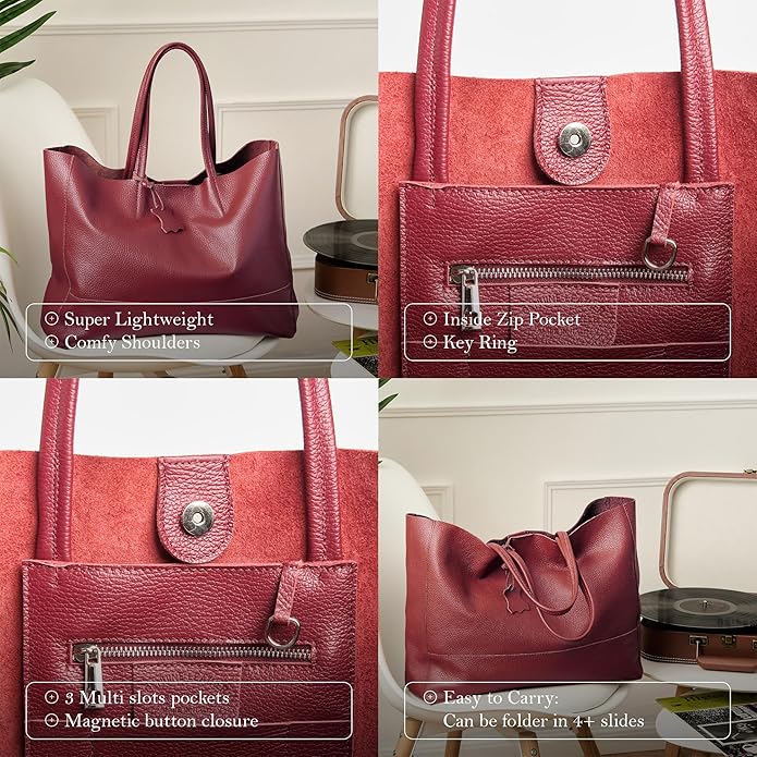 Italian Leather Tote Bag for Women - Large Shoulder Shopper, Fits 16” Laptop, Keychain Holder, Made in Italy