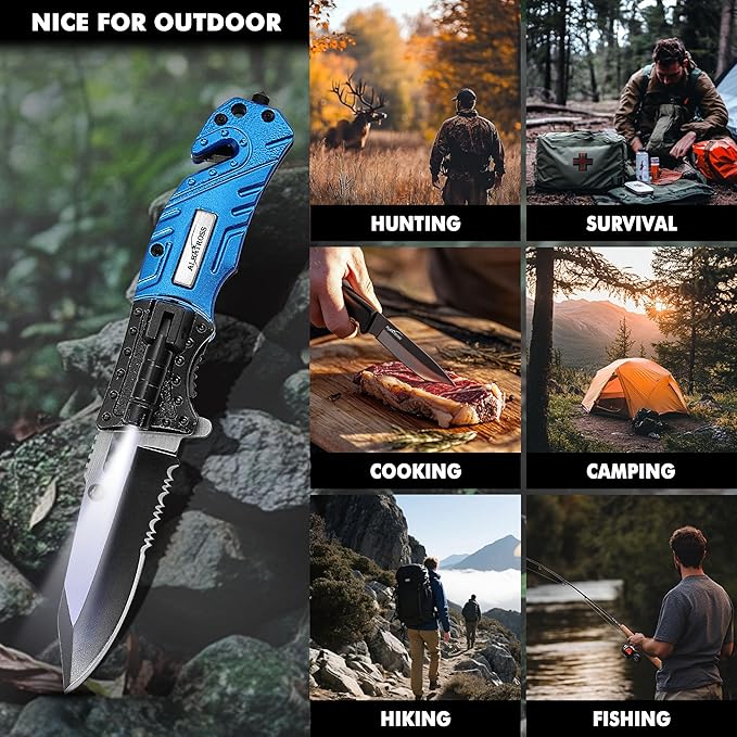 5-in-1 Dispatcher Tactical Knife with Glass Breaker, Seatbelt Cutter,Steel Serrated Blade,Flashlight and Carrying bag, Good for Military Emergency Outdoor Rescue (blue)