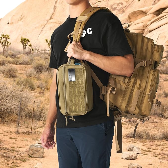 PAVILIA Extra Large Tactical Toiletry Bag for Men, Travel Hygiene Bag, Military Gear Dopp Kit, Molle Accessories Pouch, Shaving Grooming Essentials Gym Bathroom Shower Toiletries Tool EDC, Tan XL