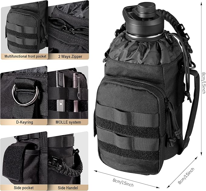 OneTigris Tactical Half Gallon Water Bottle with Straw - 64 oz Vacuum Insulated Stainless Steel Water Jug, Leakproof Sport Bottle with 3 BPA Free Lids, Paracord Handle & MOLLE Water Pouch for Outdoor