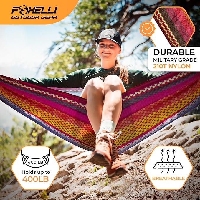 Foxelli Camping Hammock - Lightweight Portable Hammock, Easy Setup with Tree-Friendly Ropes & Steel Carabiners, Heavy Duty Parachute Nylon for Indoors and Outdoors