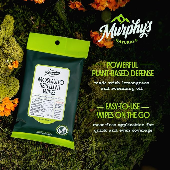 Murphy's Naturals Mosquito Repellent Wipes, Improved Resealable Pack, Plant-Based Lemongrass & Rosemary, DEET-Free, 10 Wipes, 3-Pack