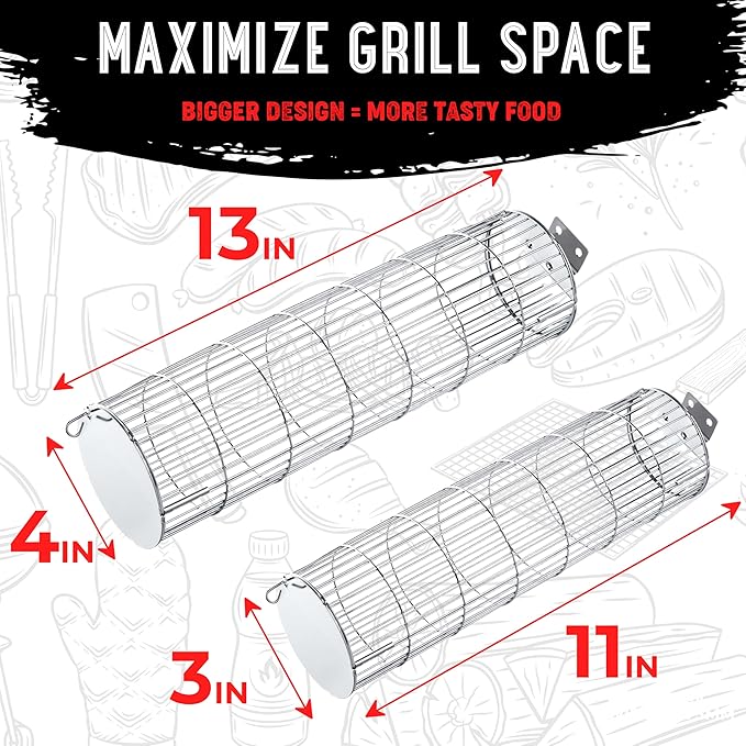 Rolling Grill Basket, New Opening Design, Extra Sturdy Cylinder Grilling Basket, Food Grade Stainless Steel, Large Portable Outdoor Camping accessories BBQ Net Rack, Cooking Griller for Fish, Vegetables, and More - Gifts for Men Dad Husband - Set of 2