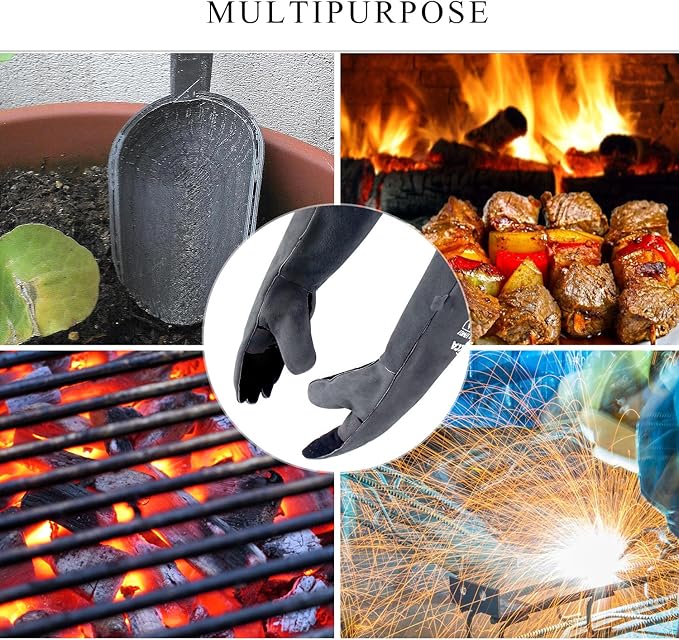 RAPICCA Fireplace Gloves Fire Heat Resistant: Grey 16IN 662℉- Fireproof Leather for Fireplace Fire pit Wood stove Campfire Furnace BBQ Grill Oven Stick Mig Welding Welder Gear - Birthday Gift for men