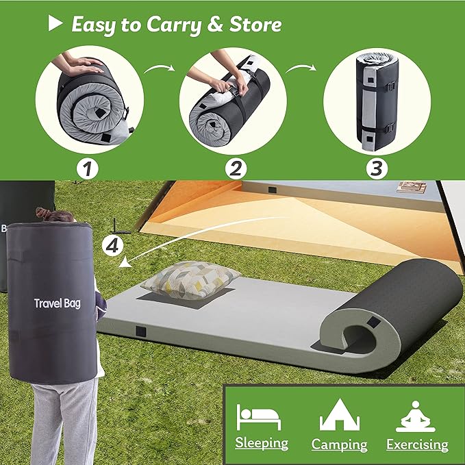 Memory Foam Camping Mattress 2.5 inch, Kids Portable Roll Up Camping Sleep Topper with Waterproof and Non-Slip Bottom, Camping Car Mat with Travel Bag, 63"×26"×2.5", Grey