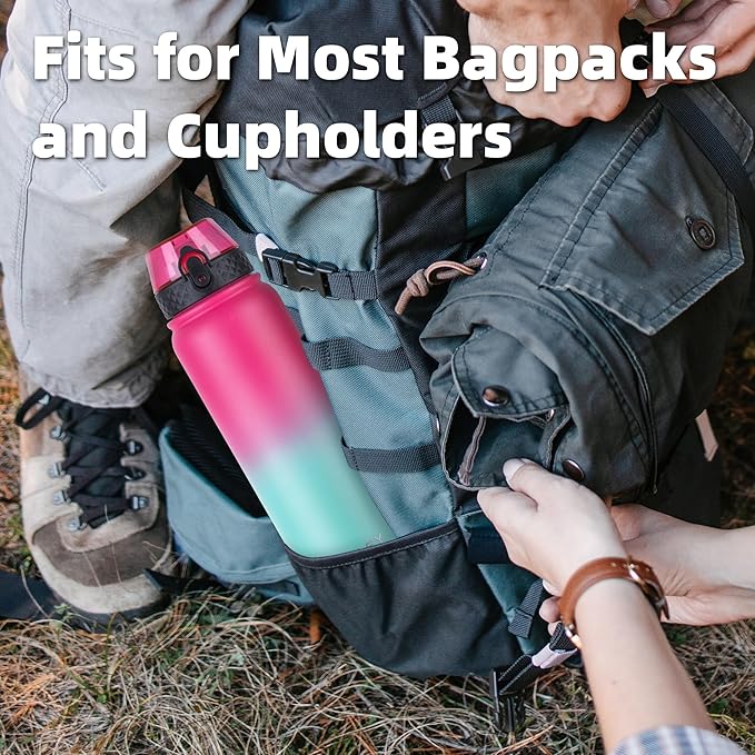 Oldley Insulated Water Bottle 32oz Water Bottles with Straw, Stainless Steel Water Bottle with 3 Lids, Double Wall Vacuum Bottles for Adult, Leak-proof Sports Bottles for School Travel, Rose Red-Green