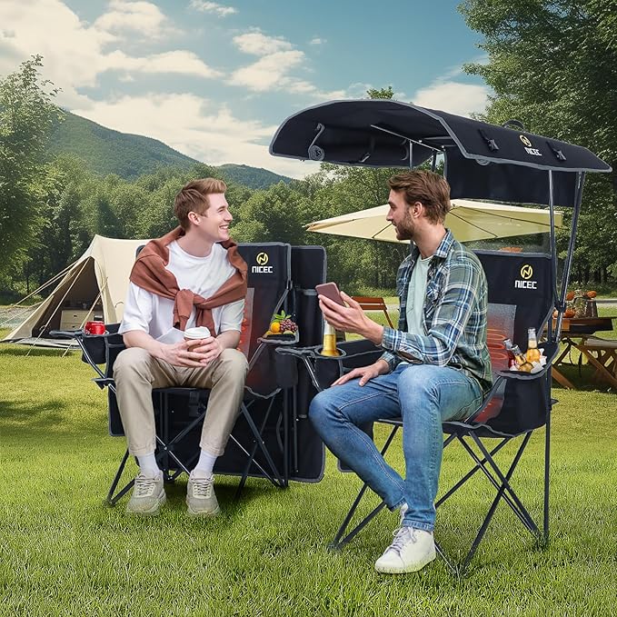 Nice C Chair with Canopy, Heated Camping Chair with Battery, Outdoor Sports Chairs with Shade, Heated Folding Umbrella Chairs, with Removable Footrest (2-Pack)