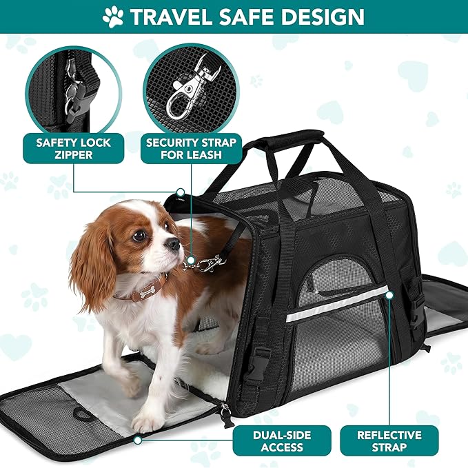 PetAmi Airline Approved Pet Carrier for Cats & Small Dogs, Soft Sided TSA Travel Carrier Bag with Sherpa Bed, Breathable Mesh Ventilation, Collapsible Bowl, Fits Under Seat, Up to 18 lbs, Small Black