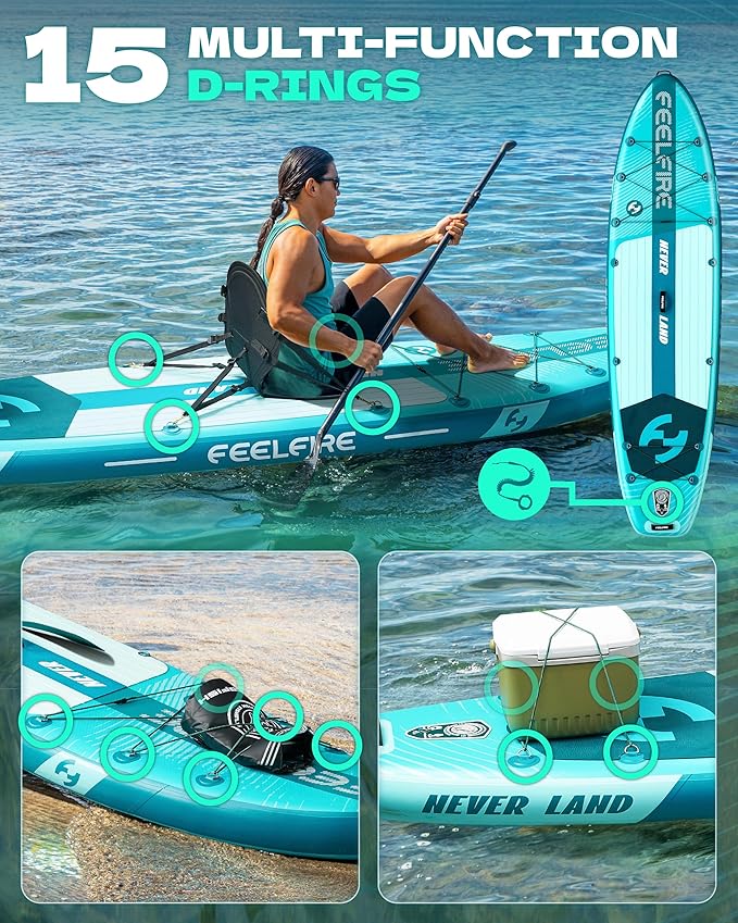 Feelfire11'x34” Extra Wide Inflatable Paddleboard, Stand-up Paddle Board for Adults, 420lb Capacity for Yoga/Fishing/Family, EVA Deck, US Fin, High-Pressure Pump, Storage Backpack, Safety Leash