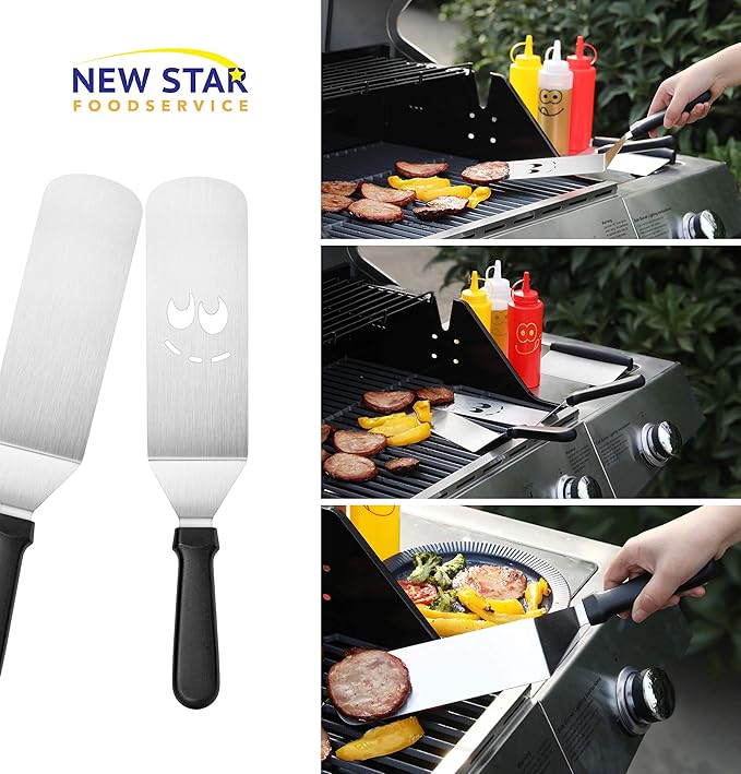 New Star Foodservice 7006865 Stainless Steel BBQ/Griddle Utensils & Accessories Tool Set, 6-Piece Set Includes Spatulas, Dough Scraper with Measurements, & Squeeze Bottle Set