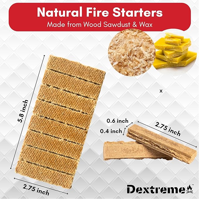 Dextreme Fire Starters Sticks 96 Pcs - Fire Starter for Campfire, Charcoal, BBQ, Grill Pit, Fireplace, Camping, Wood & Pellet Stove- 8 Minutes Burning Time - All weather, Odorless, Natural Firestarter