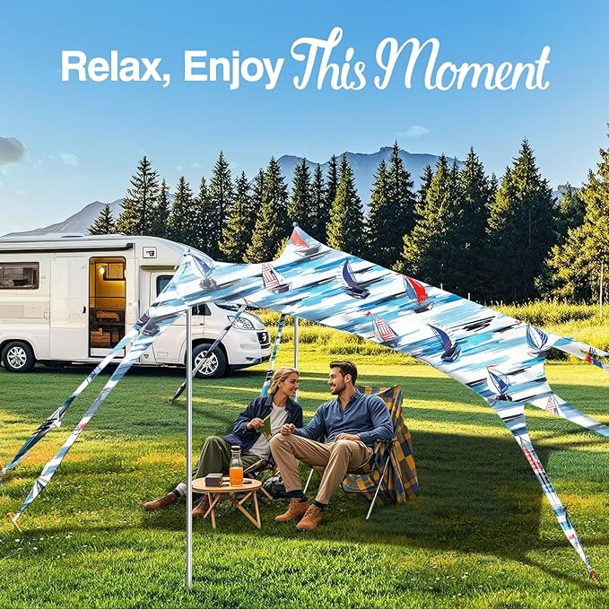 Rhino Valley Beach Tent Shade Canopy UPF50+ Protection, 8 Sandbags, 4 Stability Poles, Outdoor Sun Shelter Umbrella for Sand, Camping, Fishing Essentials