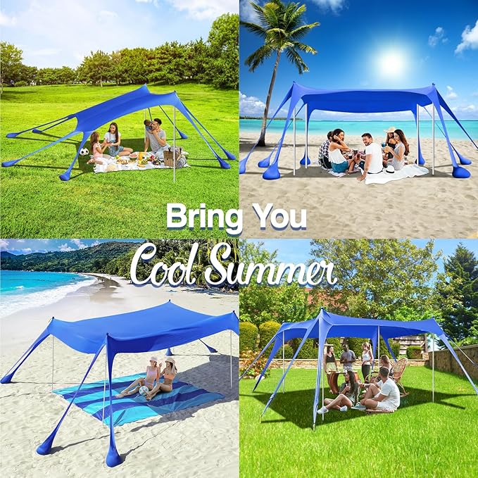Rhino Valley Beach Tent Shade Canopy UPF50+ Protection, 8 Sandbags, 4 Stability Poles, Outdoor Sun Shelter Umbrella for Sand, Camping, Fishing Essentials