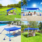 Rhino Valley Beach Tent Shade Canopy UPF50+ Protection, 8 Sandbags, 4 Stability Poles, Outdoor Sun Shelter Umbrella for Sand, Camping, Fishing Essentials