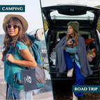 PAVILIA Travel Blanket Compact, Airplane Packable Bag, Soft Fleece Portable Throw Pillow Combo Set, Plane Flight Car Trips Essentials Gift Accessories, Luggage Backpack Clip, Navy Blue, 65 x 40 inch