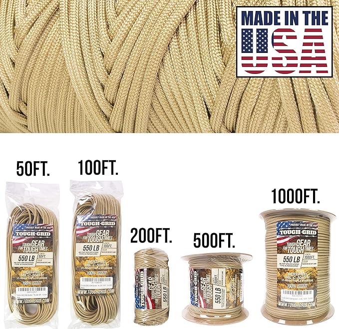 TOUGH-GRID 550 Paracord Rope Nylon Parachute Cord, Made in USA Survival Kit, Outdoor Adventures, Camping, Tactical Gear & Emergency Supplies, Military Type III Mil-Spec