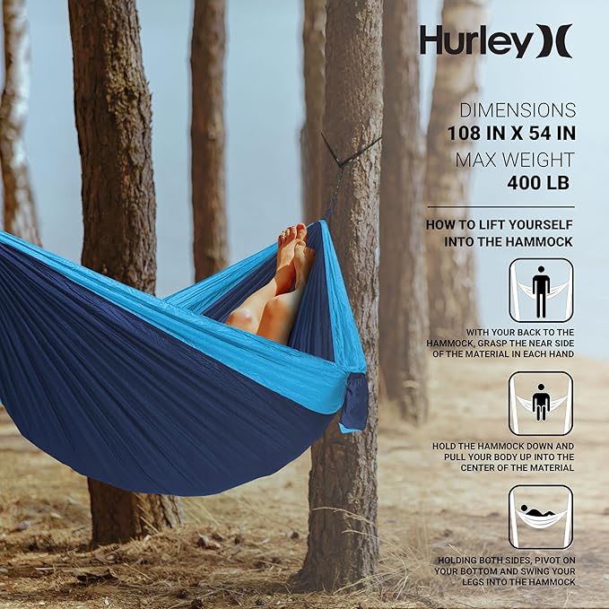 Hurley Duo Camping Hammock - 1 Person Portable Hammock for Camping, Heavy Duty with Parachute Nylon Fabric - Camping Accessories & Gear for Outdoor Activities - Holds Up to 400lbs, Nav Blu/Lake BL