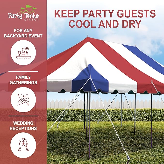 Party Tents Direct 20'x30' Weekender Canopy Pole Tent - Easy Up Canopy Tent with 120 Person Capacity - Outdoor Canopies for Parties, Weddings, & Events (Red White and Blue Top)