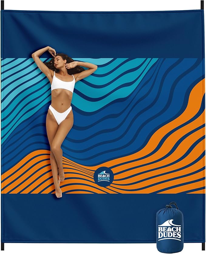 Sandproof Waterproof Beach Blanket Extra Large 108"x 84", Mat for Family, Quick Dry Ripstop Nylon Lightweight, Compact for Travel, Picnic, Camping w/ 4 Anchor Stakes and Carry Bag