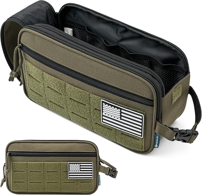PAVILIA Tactical Toiletry Bag for Men, Travel Hygiene Bag, Military Gear Dopp Kit, Water Resist Molle Accessories Pouch, Mens Shaving Essentials, Gym Bathroom Shower Small Toiletries Tool EDC, Olive
