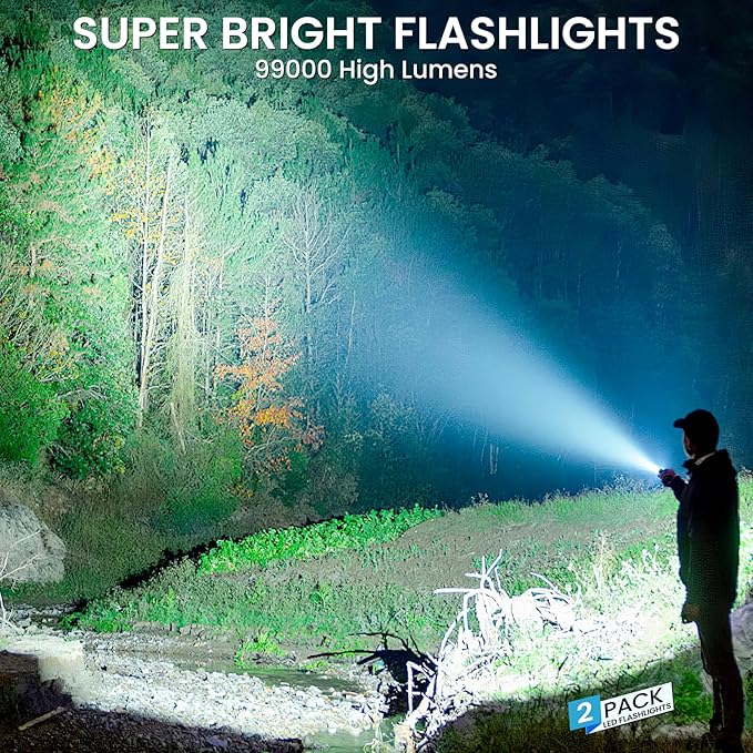 Rechargeable Flashlight 99000 High Lumens, Super Bright LED Flashlight with 7 Modes, Waterproof Powerful Flash Light for Camping, Home, Emerge∩cies (Black)