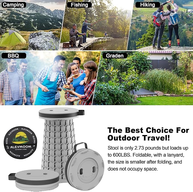 ALEVMOOM Upgraded Portable Collapsible Stool with Cushion, Telescoping Folding Stool for Adults, Lightweight Yet More Sturdy Capacity 600 lbs for Camping Fishing Hiking BBQ