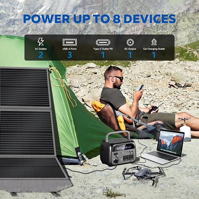 Portable Power Station with 100W Solar Panel, 345Wh LiFePO4 Battery Solar Generator with 500W AC Output for Camping RVs Travel Home Use