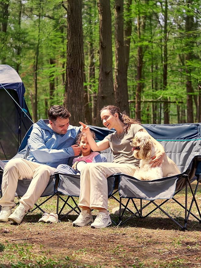 TIMBER RIDGE Padded 3 Person Camping Chair with Cup Holders and Pockets, Outdoor Folding Loveseat Camping Chairs, 1050lbs Capacity Heavy Duty Camp Couch for Outside Picnic, Beach, Lawn, Sports, Blue