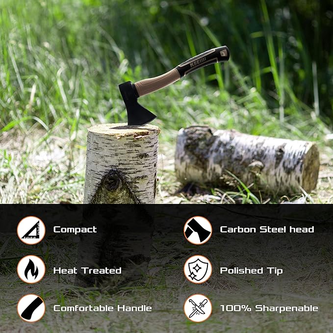 KSEIBI Outdoor Camping Hatchet with Sheath for Splitting and Kindling Wood, Forged Steel Blade with Anti-Slip and Shock Reduction Handle Great Throwing Axes and Hatchets (Tuscan Brown)