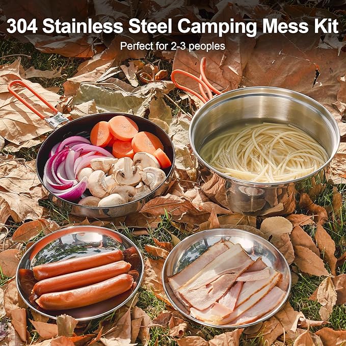 Odoland 10pcs Stainless Steel Camping Cookware Camping Pot and Pan Set with Portable Camping Stove Camping Mess Kit with Plates Bowls Forks Knives Spoons for Hiking Backpacking and Picnic