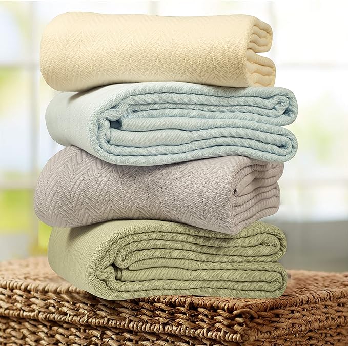 Threadmill Luxury Cotton Blankets for Twin Size Bed | All-Season 100% Cotton Twin Blanket for Bed | Herringbone Soft & Cozy Fall Thermal Blanket, 350GSM, 68x92 inches | White