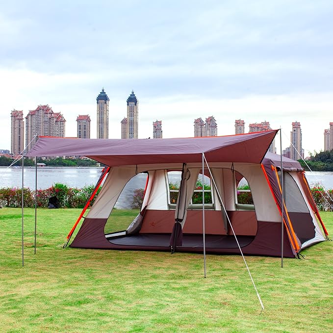 KTT Extra Large Tent 12 Person,Awning Family Cabin Tents,2 Rooms,3 Doors and 3 Windows with Mesh,Straight Wall,Waterproof,Double Layer,Big Tent for Outdoor,Picnic,Camping,Family Gathering