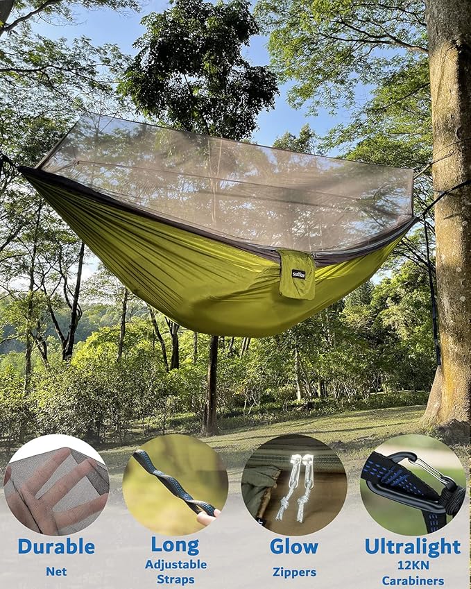 Sunyear Camping Hammock, Portable Single & Double Hammock with Net, 2 Person Hammock Tent with 2 * 10ft Straps, Best for Outdoor Hiking Survival Travel