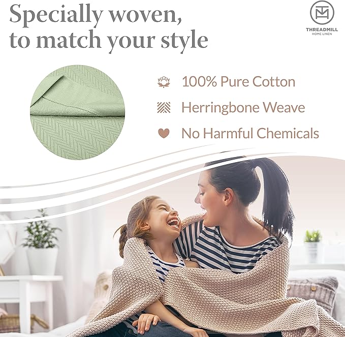 Threadmill Luxury Cotton Blankets Queen Size | All-Season 100% Cotton Blanket for Queen/Full Size Bed | Herringbone Soft Breathable | Sage Green