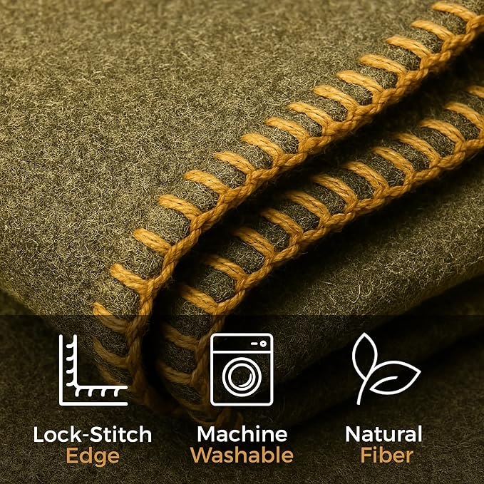 Wool Camping Blanket – 70% Wool Heavy-Duty Military Style Throw, Warm & Washable, Fire Retardant Cover for Emergency, Survival & Outdoor Use – Perfect for Camping, Car, Home & Hiking, Olive 66x90