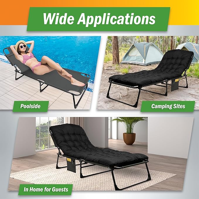 Folding Camping Cot with Mattress for Adults up to 440lbs - Heavy Duty Foldable Bed with Removable Cot Mattress and 3 Recline Positions for Travel, Camp, Beach or Guest Bed by Wakeman Outdoors (Black)