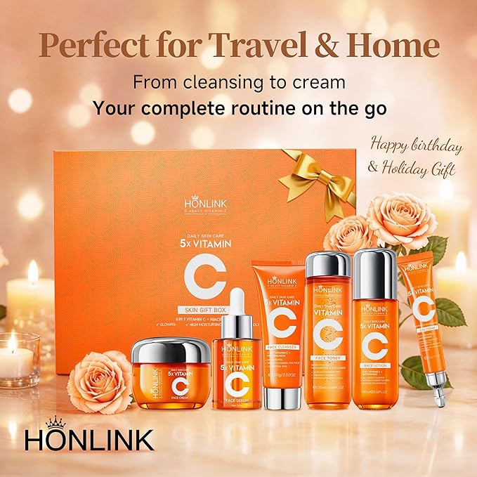 6-Piece Hydrating Skincare Set with Vitamin C & Niacinamide, Face Care Kit Includes Toner, Serum, Cleanser, Moisturizer, Eye Cream & Body Lotion for Daily Skin Care & Self Care