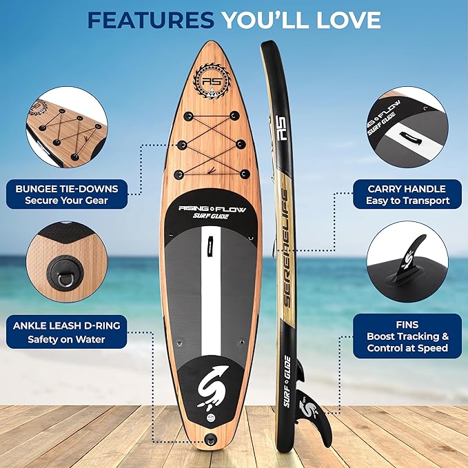 SereneLife Inflatable Stand Up Paddle Board with Premium SUP Accessories – Wide Stable Design with Non-Slip EVA Deck Pad for Adults and Youth of All Skill Levels, 350 lbs Capacity