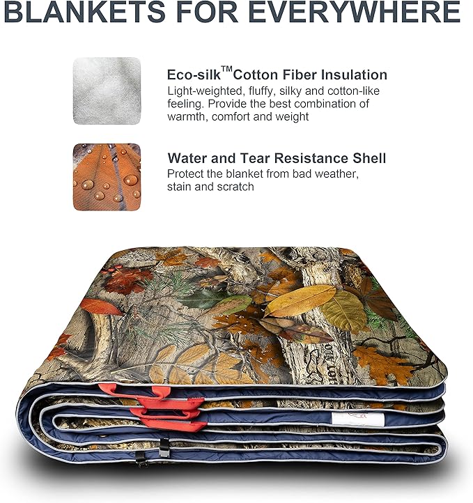 ECOSILK Outdoor Blanket Waterproof | XL Puffy Camping Blanket for Hiking Backpacking | Lightweight Packable Travel Cars Blanket w. Stuff Sack for Picnic Festival |55 X 79 in| Forest Camo…
