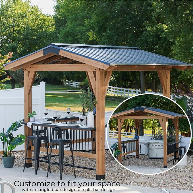 Backyard Discovery Granada 10' x 9' Cedar Wood BBQ Grill Gazebo Pavilion with Hardtop Galvanized Steel Roof, Bar Tops, Powerport, Snow Support, Wind Resistance, Cook Station for Outdoor Patio or Deck