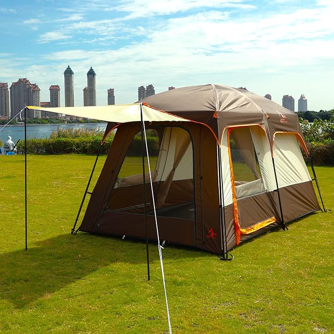 KTT Large Tent 6-12 Person,Family Cabin Tents,Straight Wall,3 Doors and 3 Windows with Mesh,Waterproof,Big Tent for Outdoor,Picnic,Camping,Family,Friends Gathering.