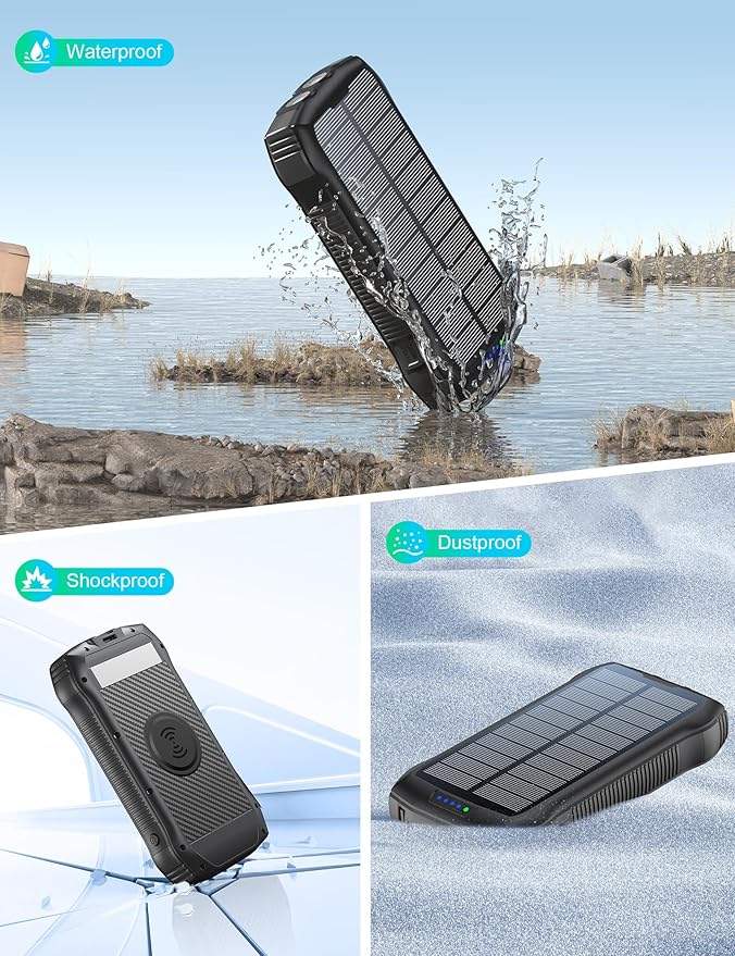 Solar Charger Power Bank, 40000mAh Wireless Portable Charger QC3.0 PD 20W Fast Charging with USB-C in/Output, External Battery Pack with Dual Flashlights Hiking Camping Essential