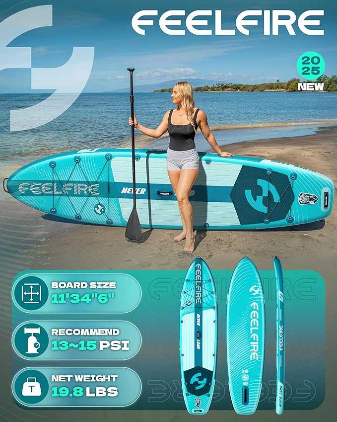 Feelfire11'x34” Extra Wide Inflatable Paddleboard, Stand-up Paddle Board for Adults, 420lb Capacity for Yoga/Fishing/Family, EVA Deck, US Fin, High-Pressure Pump, Storage Backpack, Safety Leash