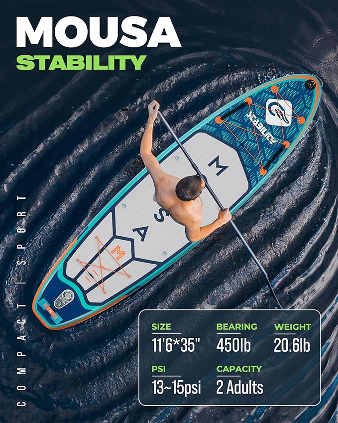 MOUSA 11'6“x35 Extra Wide Inflatable Stand Up Paddle Board, Stable Long SUP for 2 People/Family, Shoulder Strap, 3/5 Handles, 100L Backpack, All-Round Sup Board, Removeable Fin